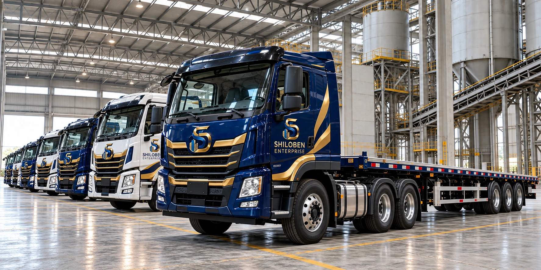 SHILOBEN branded long-haul trucks lined up inside an industrial depot